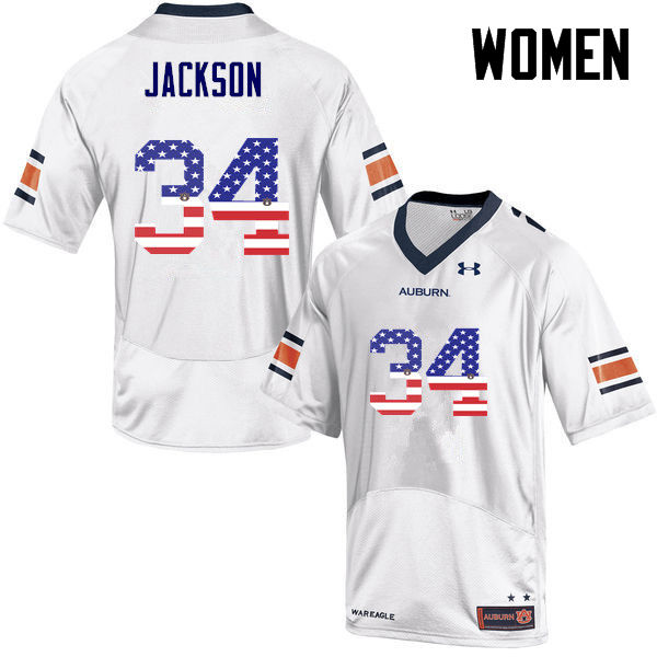 Women #34 Bo Jackson Auburn Tigers USA Flag Fashion College Football Jerseys-White - Click Image to Close